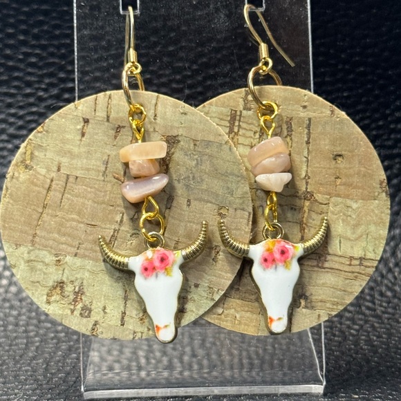 Handmade Jewelry - Handmade light green round cork earrings with bull skull charms